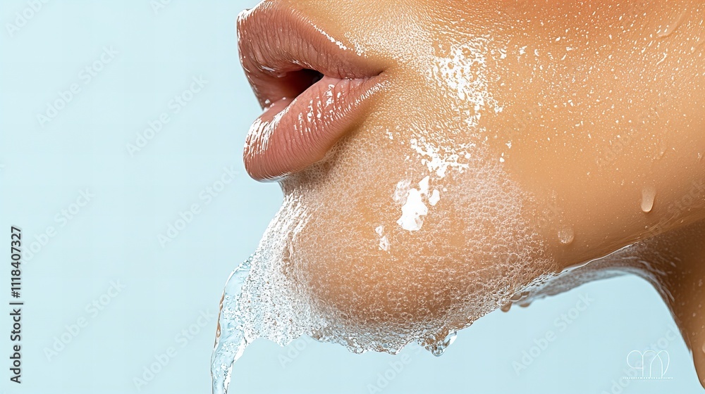 Fototapeta premium Close-up of female lips with water droplets on a caucasian young woman's face