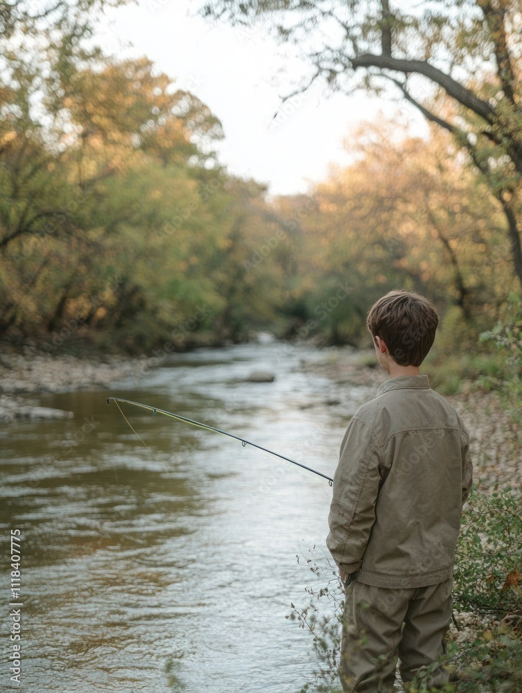 A boy learns to fish using a simple rod by a serene, tree-lined river during fall A boy learns to fish using a simple rod by a serene, tree-lined river during fall