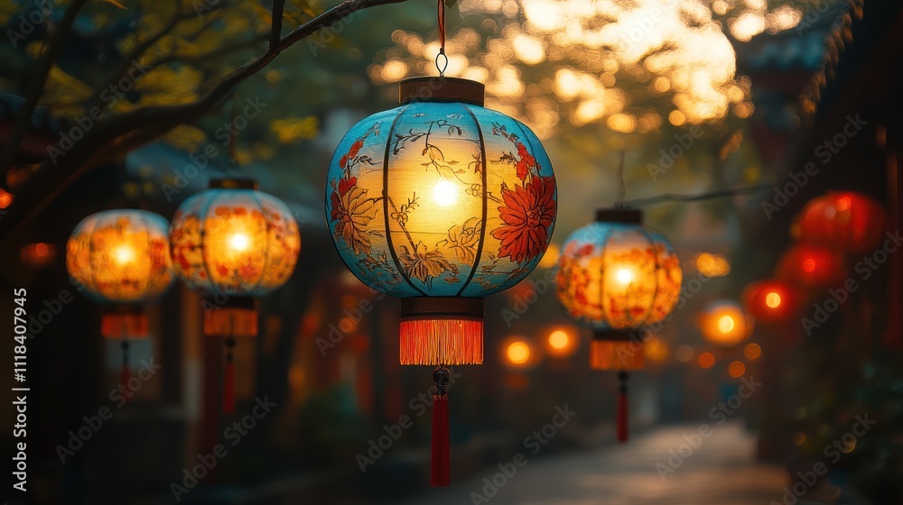 Illuminated Chinese lanterns hanging on tree branches at sunset. Illuminated Chinese lanterns hanging on tree branches at sunset.