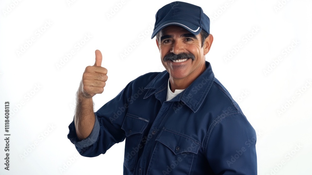 Smiling worker in navy uniform with thumbs-up sign Smiling worker in navy uniform with thumbs-up sign