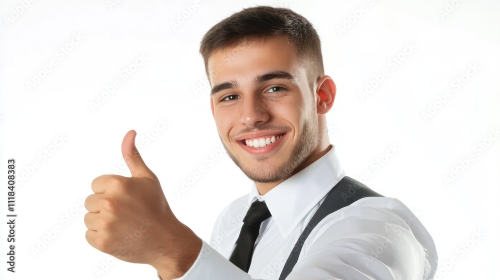 Confident young man in shirt giving thumbs up indoors Confident young man in shirt giving thumbs up indoors