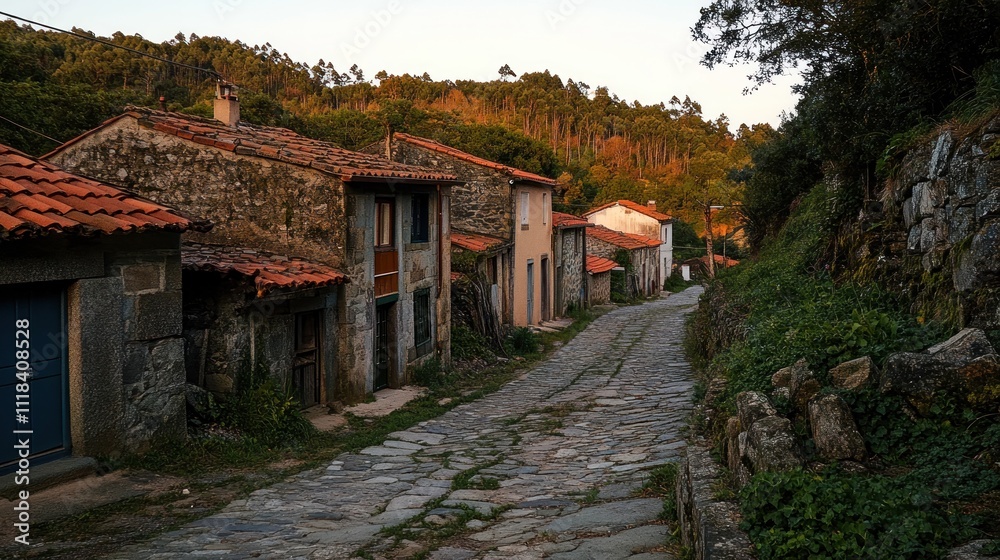 Stone Village Street Winding Through Green Hills Stone Village Street Winding Through Green Hills