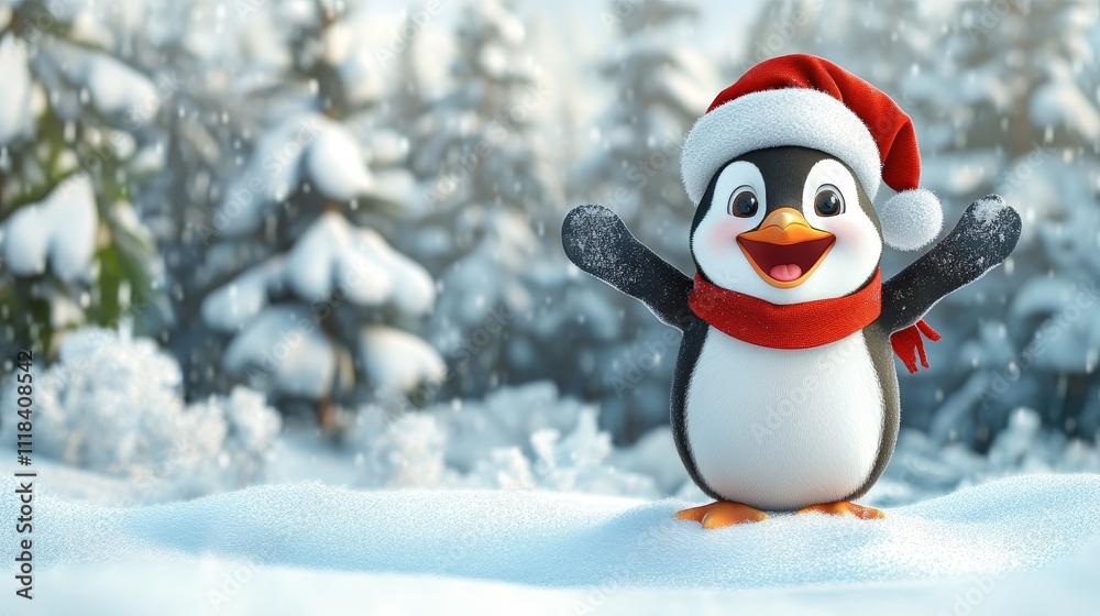Cheerful penguin in a festive winter wonderland with snow and trees Cheerful penguin in a festive winter wonderland with snow and trees