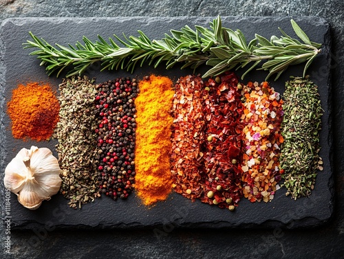 A vibrant array of spices and herbs arranged on a slate board, showcasing rich colors and textures, perfect for culinary exploration.
