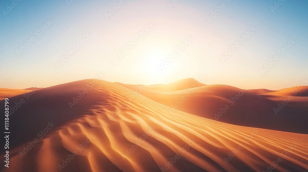 Sunset over rolling sand dunes in a vast desert landscape. Sunset over rolling sand dunes in a vast desert landscape.