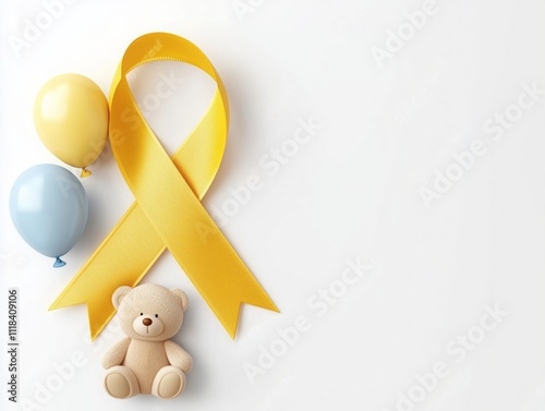 Gold ribbon, balloons & teddy for awareness photo