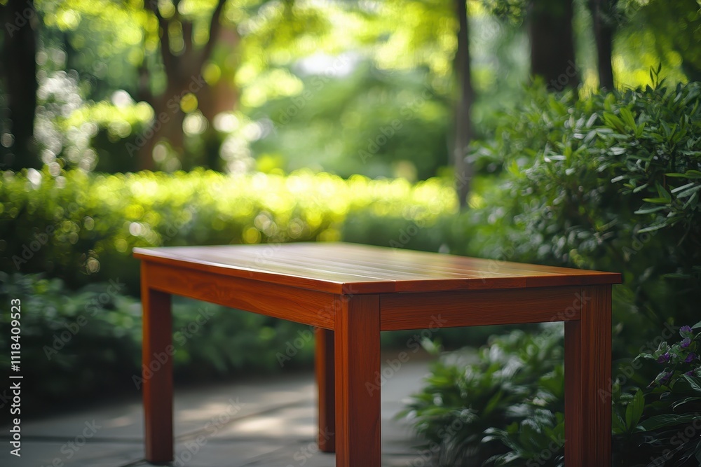 A wooden table in a lush garden setting, perfect for outdoor gatherings. A wooden table in a lush garden setting, perfect for outdoor gatherings.