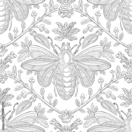Bee and Floral Seamless Pattern: Elegant Vector Illustration for Fabrics, Wallpapers, and Packaging Design