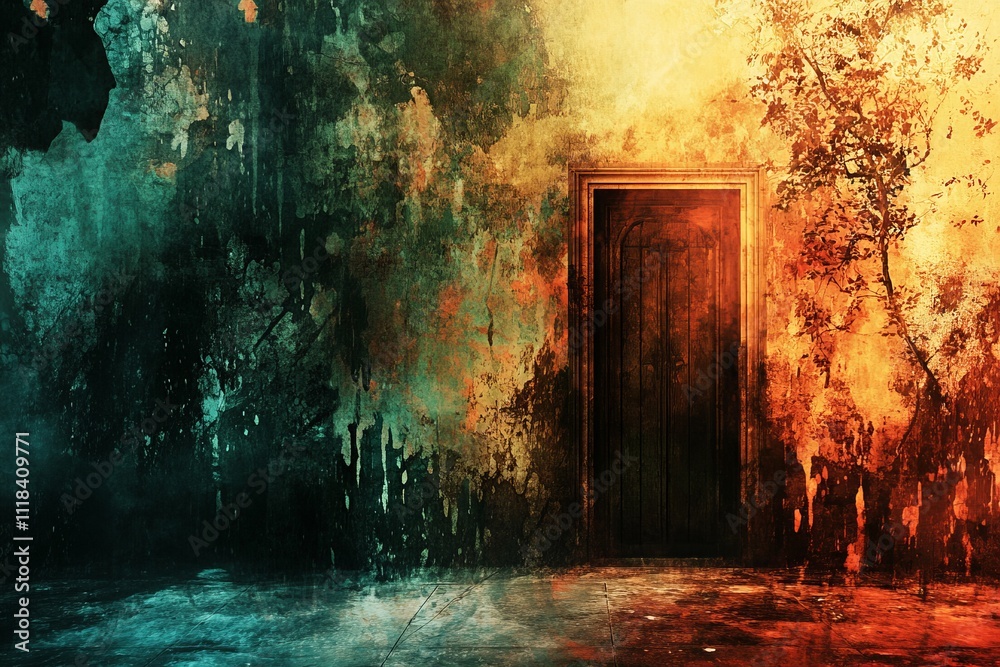 Mysterious Abandoned Room with an Aged Door and Grunge Texture Mysterious Abandoned Room with an Aged Door and Grunge Texture