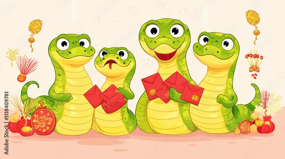 Obraz premium Cheerful cartoon family of snakes holding red envelopes in a festive background filled with firecrackers and lucky charms.