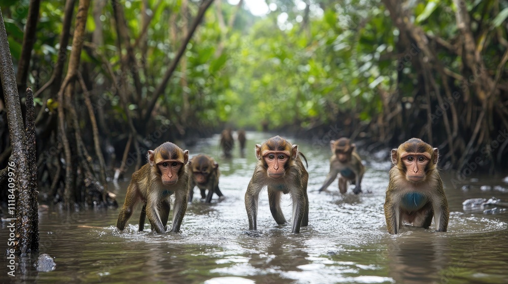 Monkeys Walking Through Mangrove Swamp Water