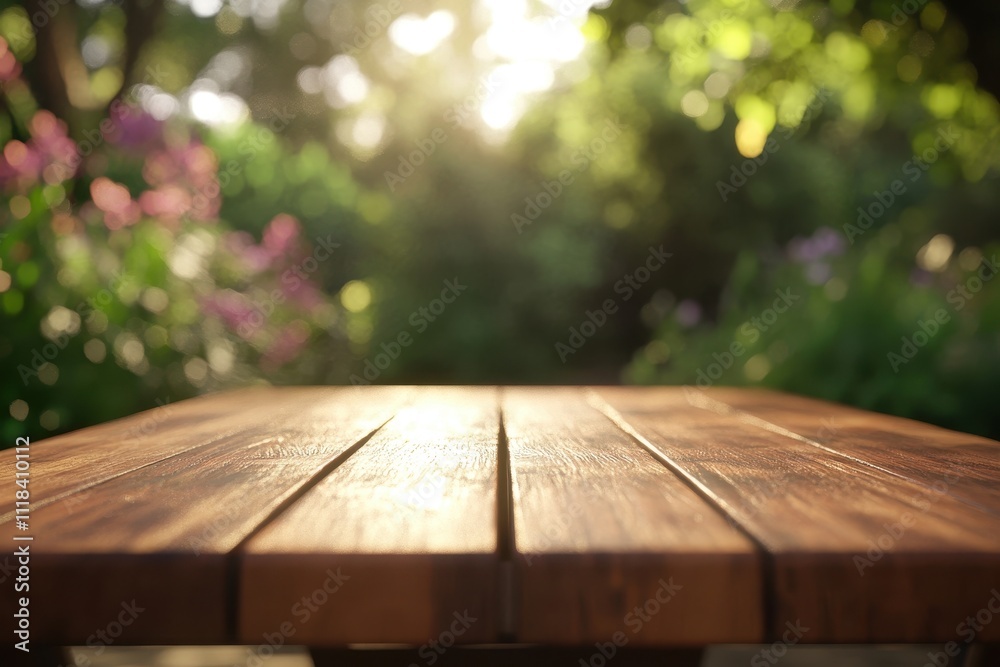 A wooden table in a serene garden setting with soft sunlight filtering through foliage. A wooden table in a serene garden setting with soft sunlight filtering through foliage.