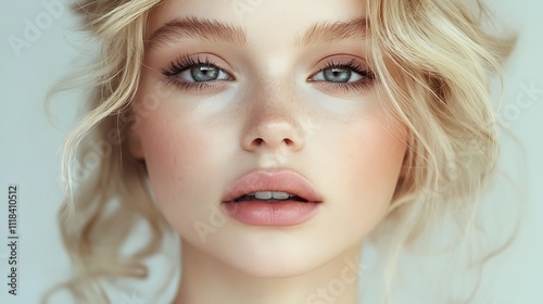 Close-up Portrait of a Young Woman with Blonde Hair and Blue Eyes