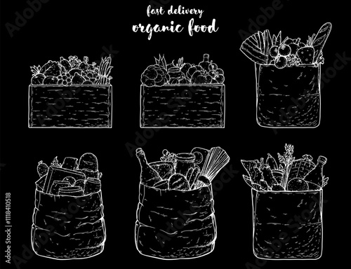 Paper shopping bag products grocery hand drawn sketch illustration. Collection elements for design. Grocery delivery concept. Organic food vector illustration. Grocery shopping. Grocery supermarket