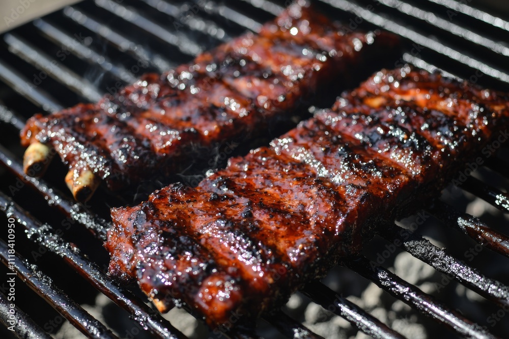 Juicy, grilled pork ribs with a caramelized glaze, sizzling on a charcoal grill.