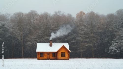 Cozy wooden cabin in a snowy landscape surrounded by trees