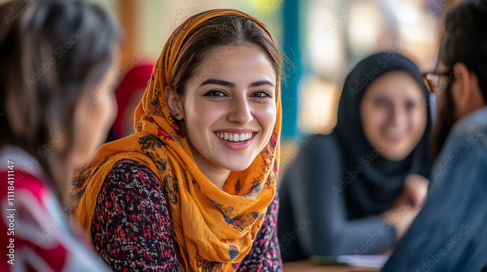 A smiling woman in a vibrant scarf engages with friends in conversation. A smiling woman in a vibrant scarf engages with friends in conversation.