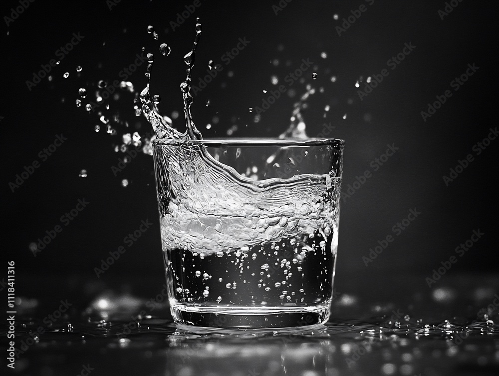 A splash of water in a glass, captured in black and white. A splash of water in a glass, captured in black and white.