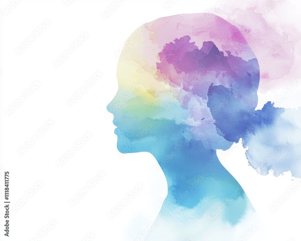 Silhouette of a young girl blending hues of blue and purple, showcasing a dreamy watercolor effect. Silhouette of a young girl blending hues of blue and purple, showcasing a dreamy watercolor effect.