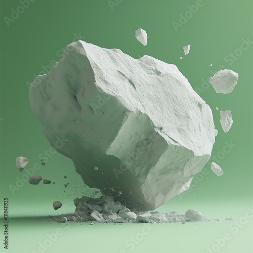 Crumbling Colossus: A 3D Render of a Massive Rock Fragmenting Against a Pastel Green Background photo