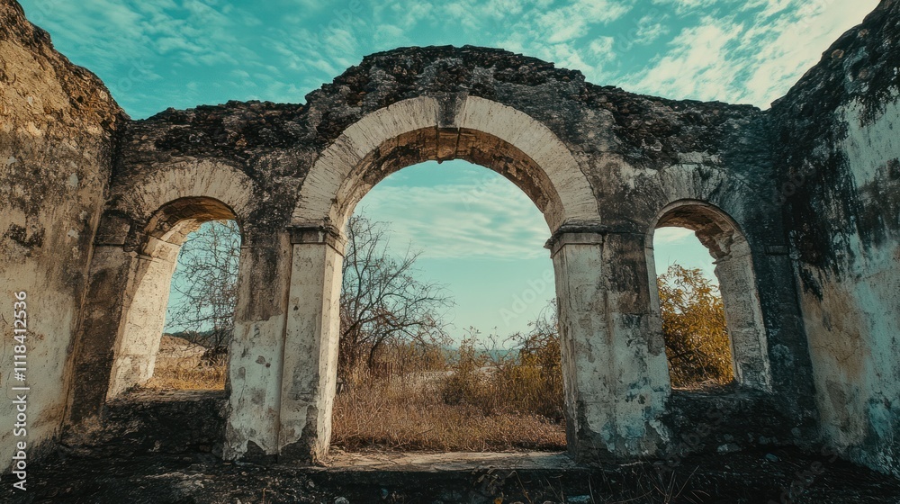 Ruined Stone Archway Reveals Scenic Landscape View Ruined Stone Archway Reveals Scenic Landscape View