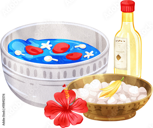 Hand-drawn Thai scented water bowl for Songkran blessing photo