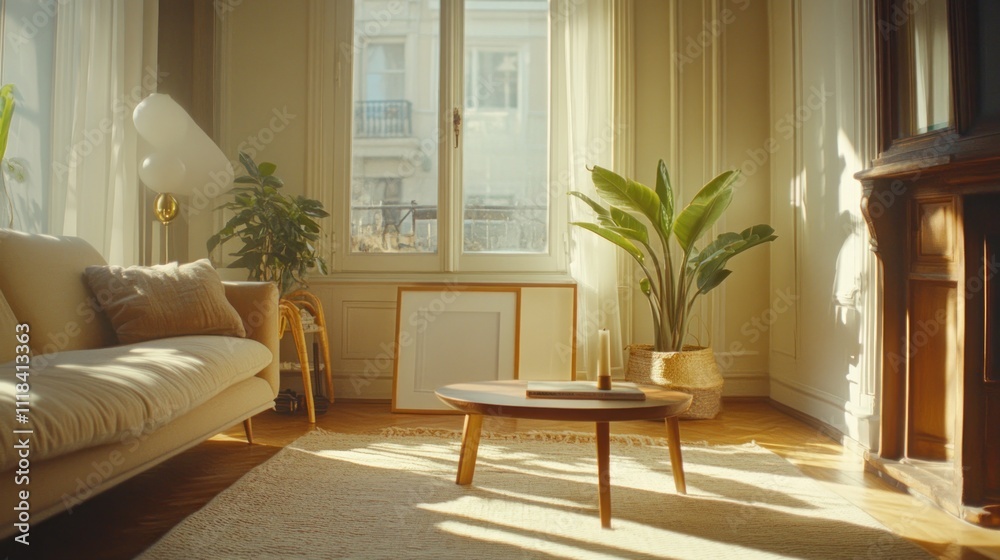 Fototapeta premium Sunlit Living Room With Plants And Modern Furniture