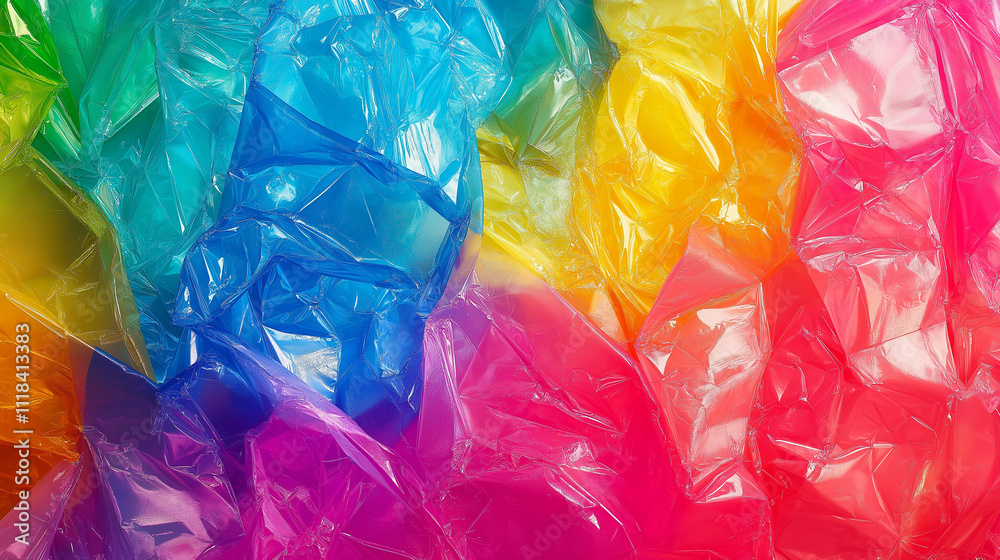 Crumpled multicolored translucent plastic texture with vibrant rainbow hues and light reflections Crumpled multicolored translucent plastic texture with vibrant rainbow hues and light reflections