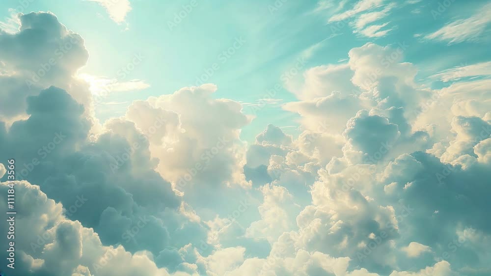 Fluffy White Clouds in Bright Blue Sky with Soft Sunlight Streaming Through Fluffy White Clouds in Bright Blue Sky with Soft Sunlight Streaming Through