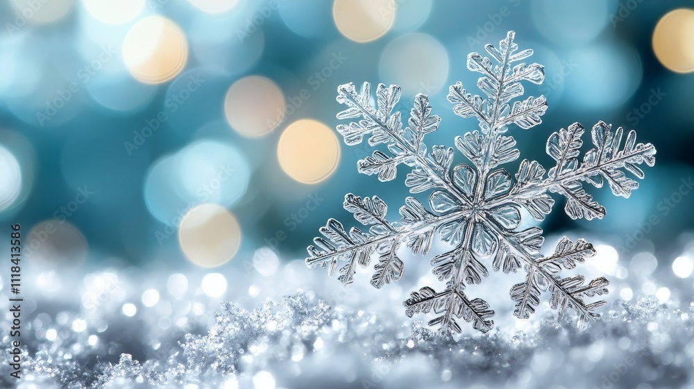 Beautiful snowflake resting on shimmering snow with a blurred background Beautiful snowflake resting on shimmering snow with a blurred background