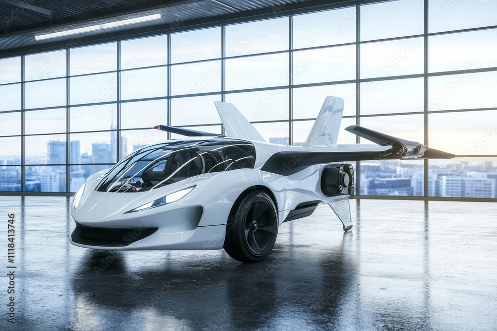 Obraz premium Futuristic white flying car with sleek design and prominent wings, showcasing innovative technology in a modern setting.