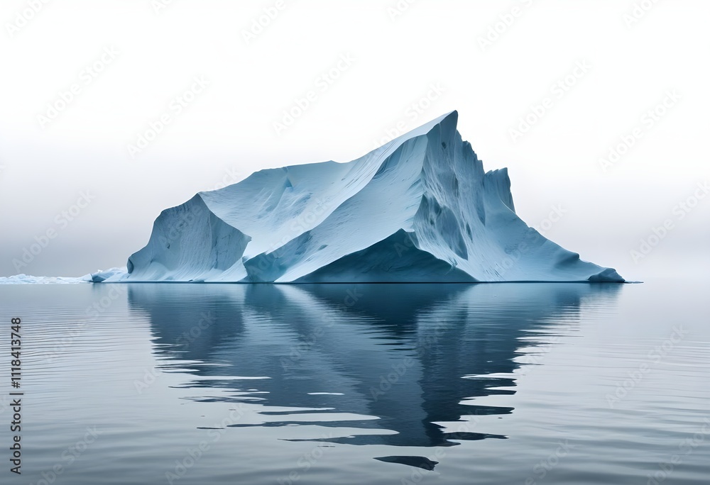A large, majestic iceberg floating in a calm, reflective body of water. The iceberg has a striking, angular shape with intricate details and textures, creating a dramatic and serene scene A large, majestic iceberg floating in a calm, reflective body of water. The iceberg has a striking, angular shape with intricate details and textures, creating a dramatic and serene scene