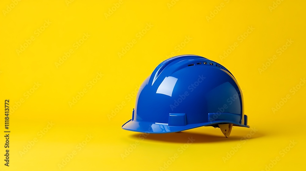 Bright Blue Safety Helmet on Yellow Background Bright Blue Safety Helmet on Yellow Background