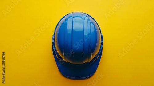 Blue Safety Helmet on Yellow Background: Construction, Safety, and Protection