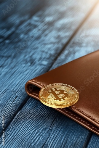 Bitcoin cryptocurrency coin on leather wallet on wooden surface photo