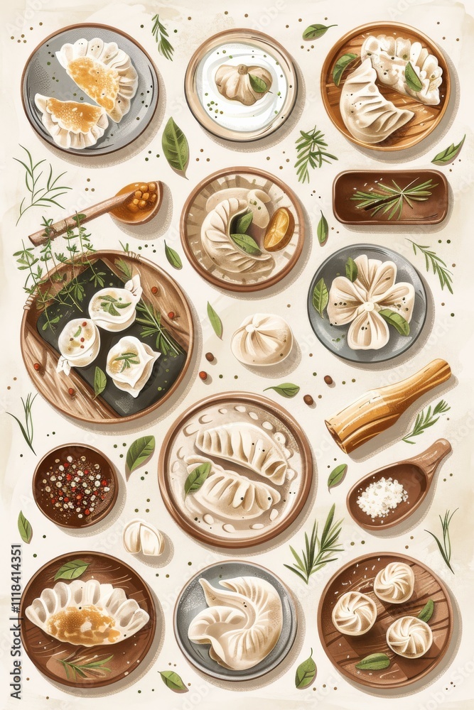The art of cooking: plate of dumplings and rolling pin with dough The art of cooking: plate of dumplings and rolling pin with dough