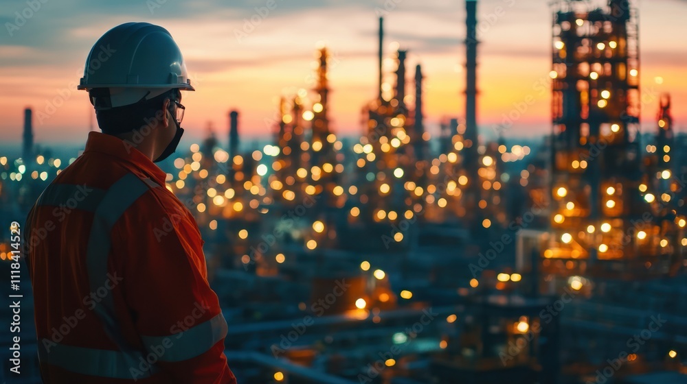 Worker observing an industrial landscape at sunset. Worker observing an industrial landscape at sunset.