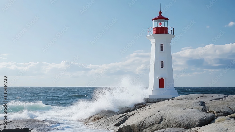 White Lighthouse Stands Against Crashing Ocean Waves White Lighthouse Stands Against Crashing Ocean Waves