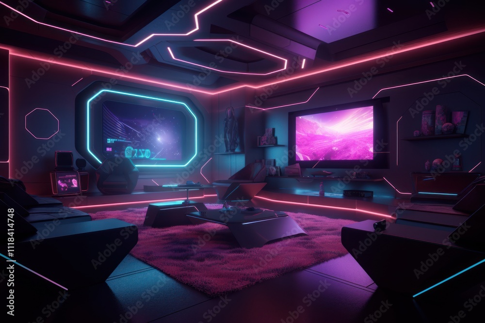 Futuristic Neon Lit Gaming Entertainment Room Design