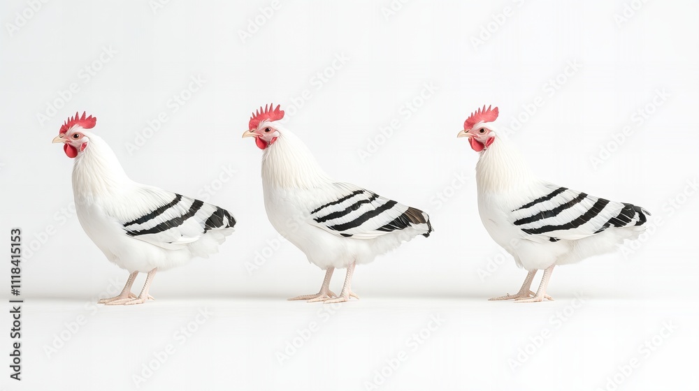 Fototapeta premium Three white chickens with black stripes against a light background