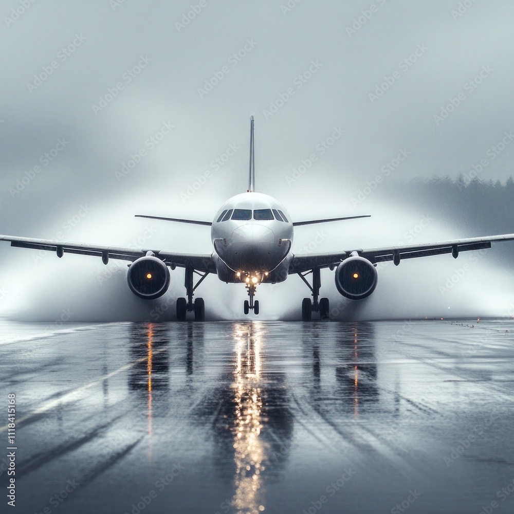 An airplane taxiing on a wet runway, surrounded by mist and rain. An airplane taxiing on a wet runway, surrounded by mist and rain.