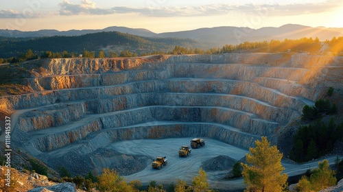 Quarry sunset, mining trucks. photo