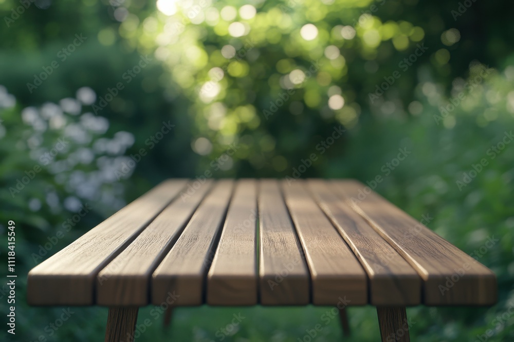 A wooden table in a lush garden, inviting relaxation and outdoor gatherings. A wooden table in a lush garden, inviting relaxation and outdoor gatherings.