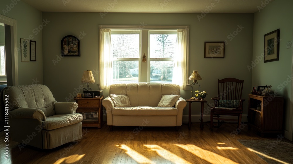 Sunlit Living Room With Comfortable Furniture And Artwork Sunlit Living Room With Comfortable Furniture And Artwork