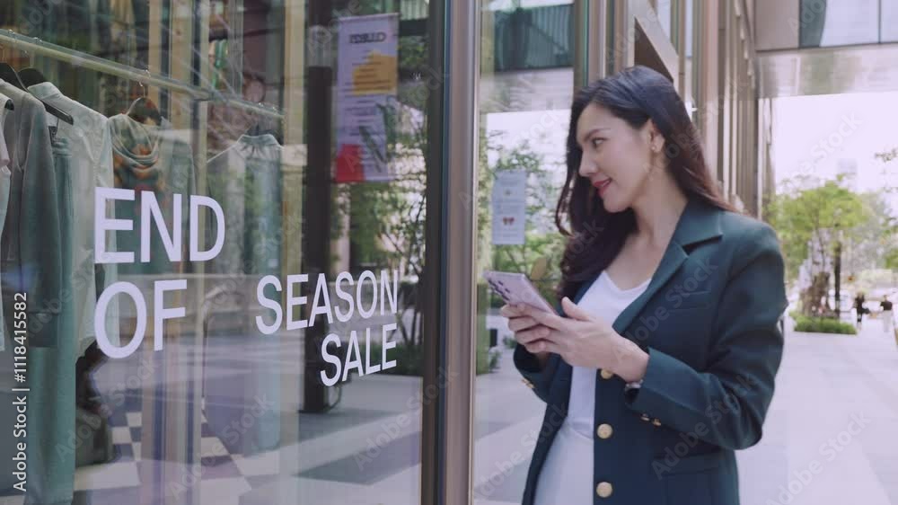 Women Enjoying Outdoor Shopping During Exciting Season Sale at Local Fashion Store. 