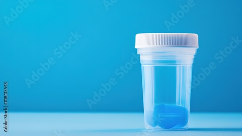Blue specimen container on blue background, medical concept