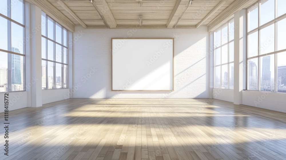 Obraz premium Empty Modern Loft Space With Large Windows and Artwork