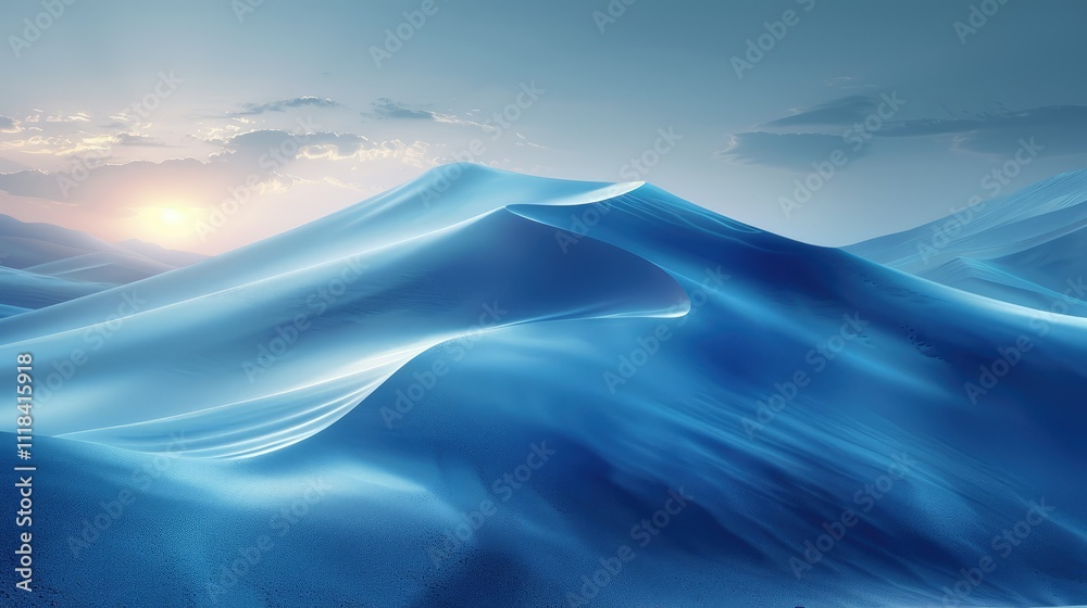 Serene blue sand dunes at sunset, vast desert landscape. Serene blue sand dunes at sunset, vast desert landscape.