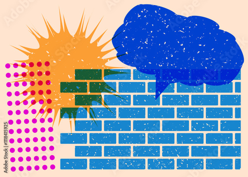 Risograph speech bubble with geometric shapes. Objects in trendy riso graph print texture style design with geometry elements.