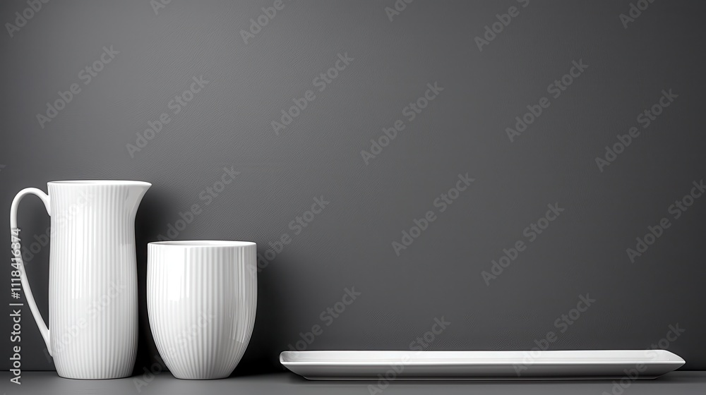Elegant White Ceramic Pitcher and Vase on Minimalist Background Elegant White Ceramic Pitcher and Vase on Minimalist Background